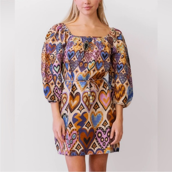 FARM Rio Dresses & Skirts - FARM RIO Cream Hearts Ikat Puff Sleeve Dress Sz Small